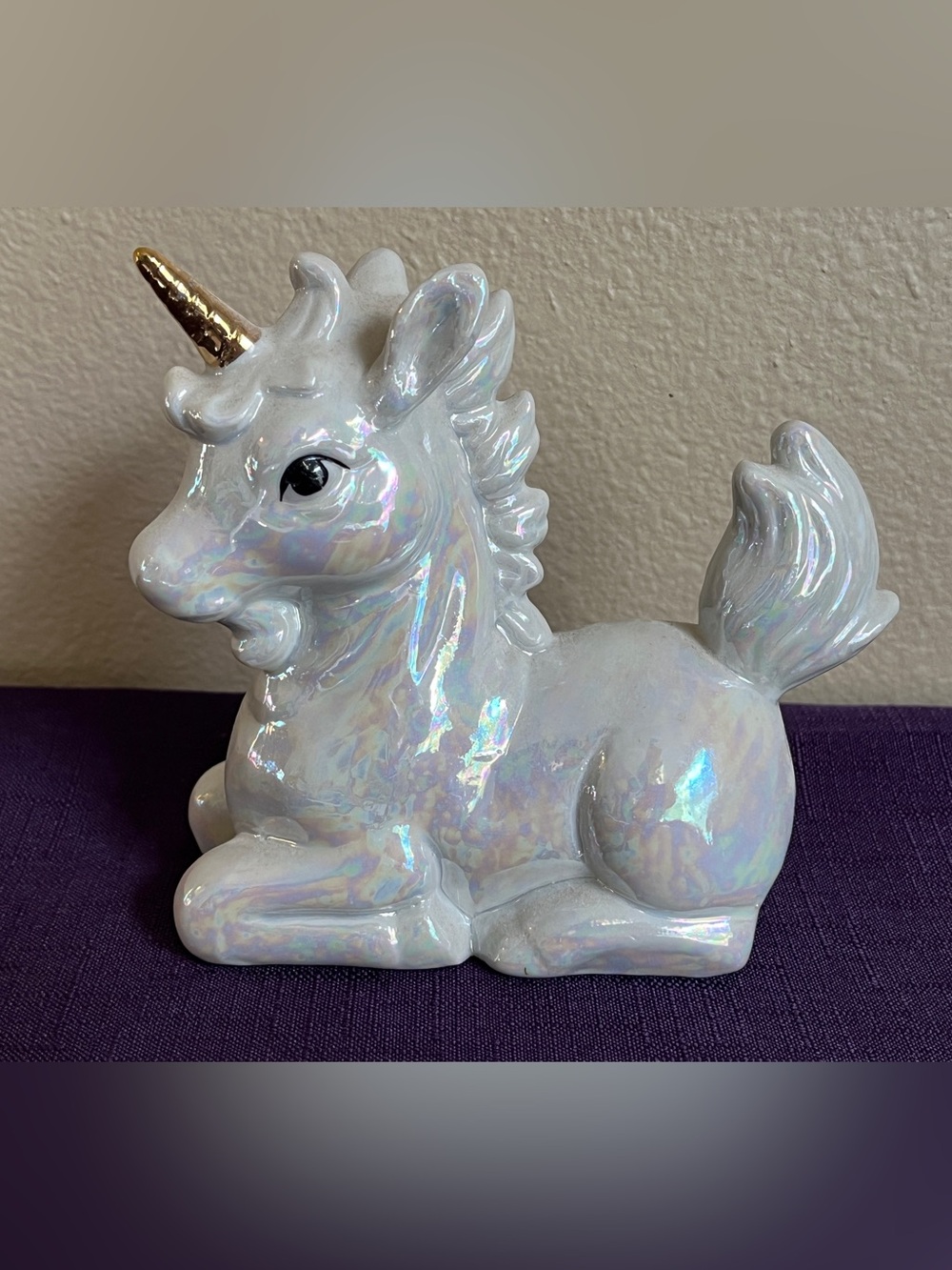 Vintage 1980s Iridescent Luster Ware White Unicorn Figurine Fantasy